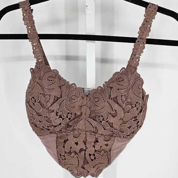 BKE Essentials Womens Sz M Longline Bralette Bra Dark Taupe Lace - Picture 1 of 4